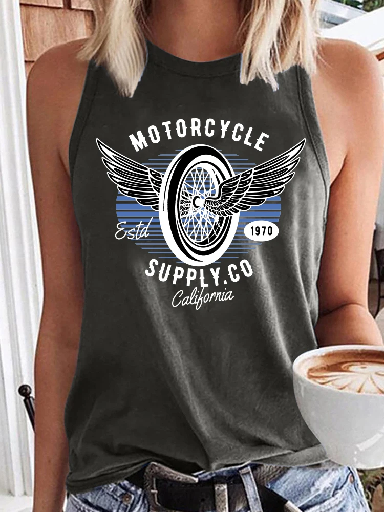 Seeyoushy Motorcycle Print Vintage T Shirt Women 90\'s Girls Sleeveless T Shirt O-Neck Summer Graphic TShirts Ladies Top Harajuku