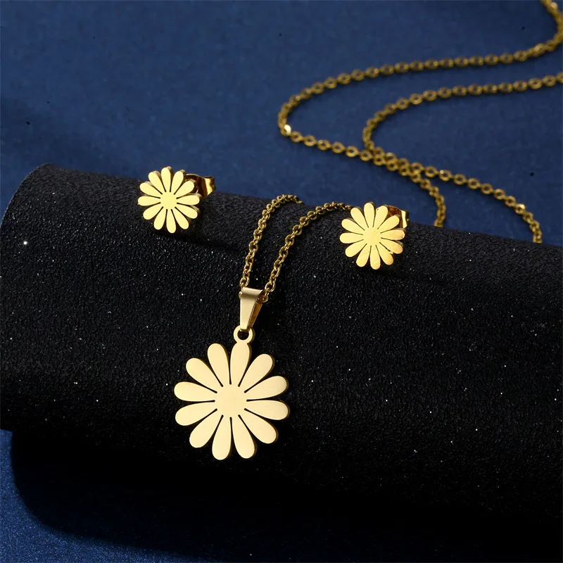 316L Stainless Steel Jewelry Sets Tulip Rose Flower Daisy Sunflower Choker Necklaces &  Earings Set For Girl Wholesale Dropship
