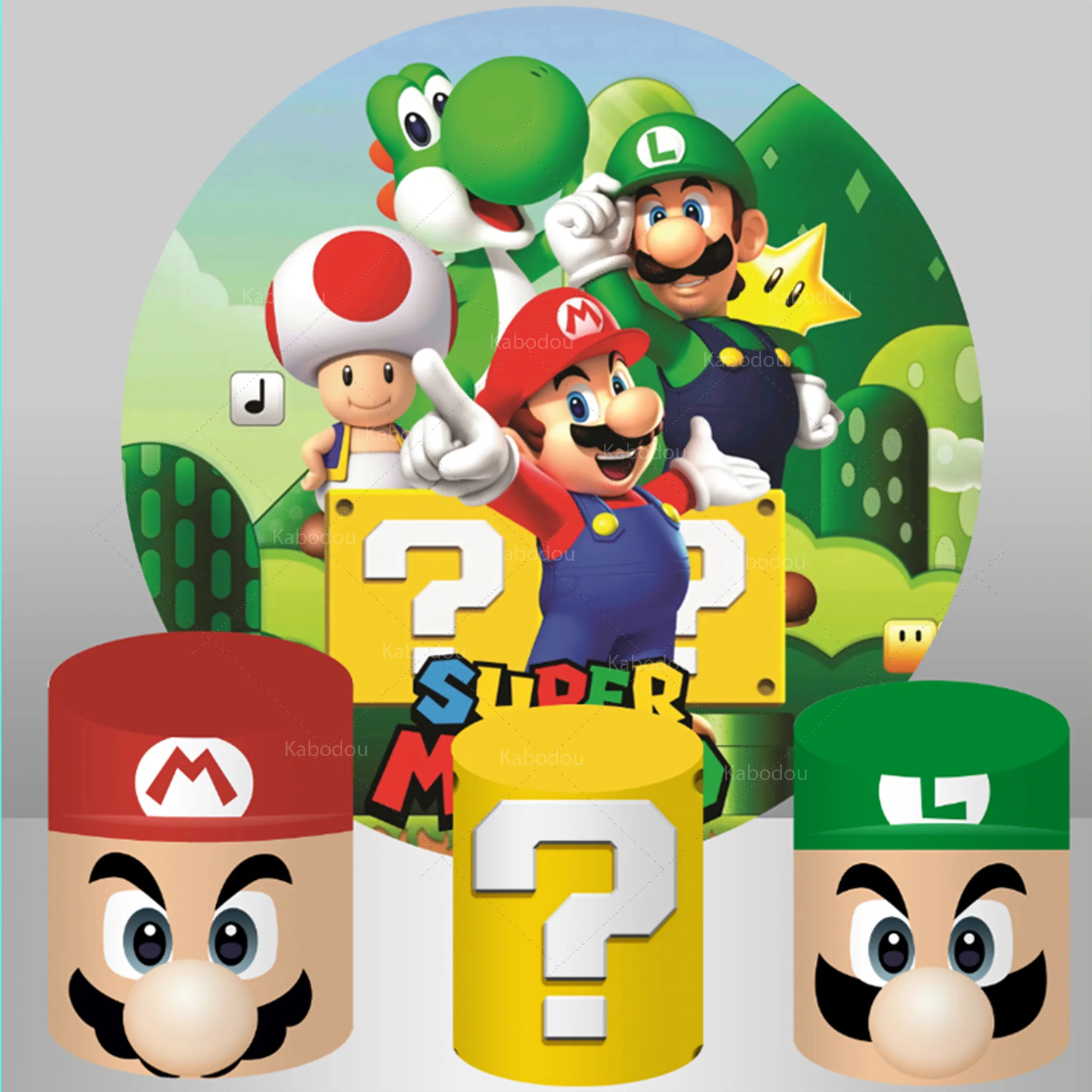 Super Mario Backdrop Round Covers Decoration Kids Happy Birthday Party Background Challenge Brother Cylinder Photo Prop Banner