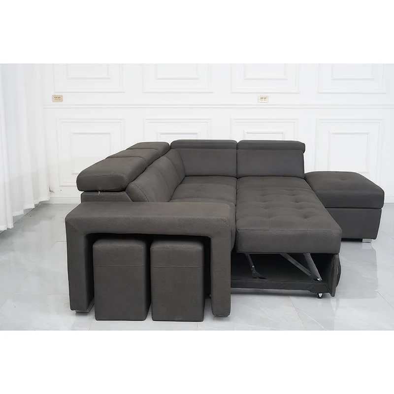 

Microfiber Sofa Cum Bed L Shaped Folding Sofa Bed With Storage and Stools