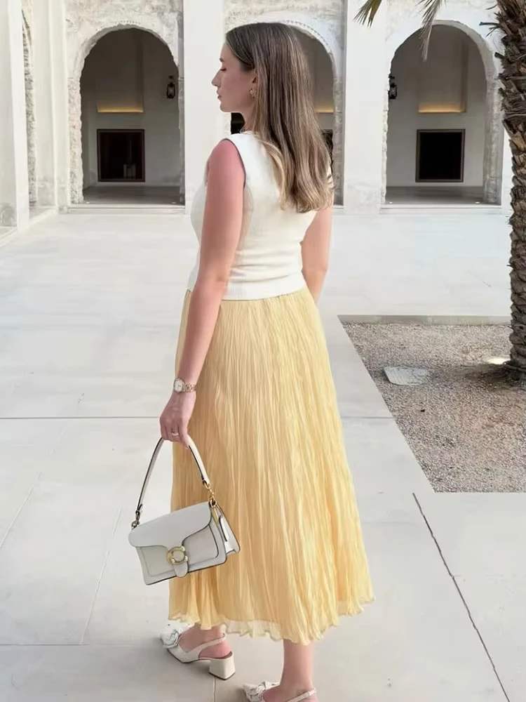 HH النساء 2025 موضة الأصفر مطوي ميدي تنورة عالية الخصر مرونة الخصر التنانير الصيف فضفاضة عادية الأمومة تول تنورة