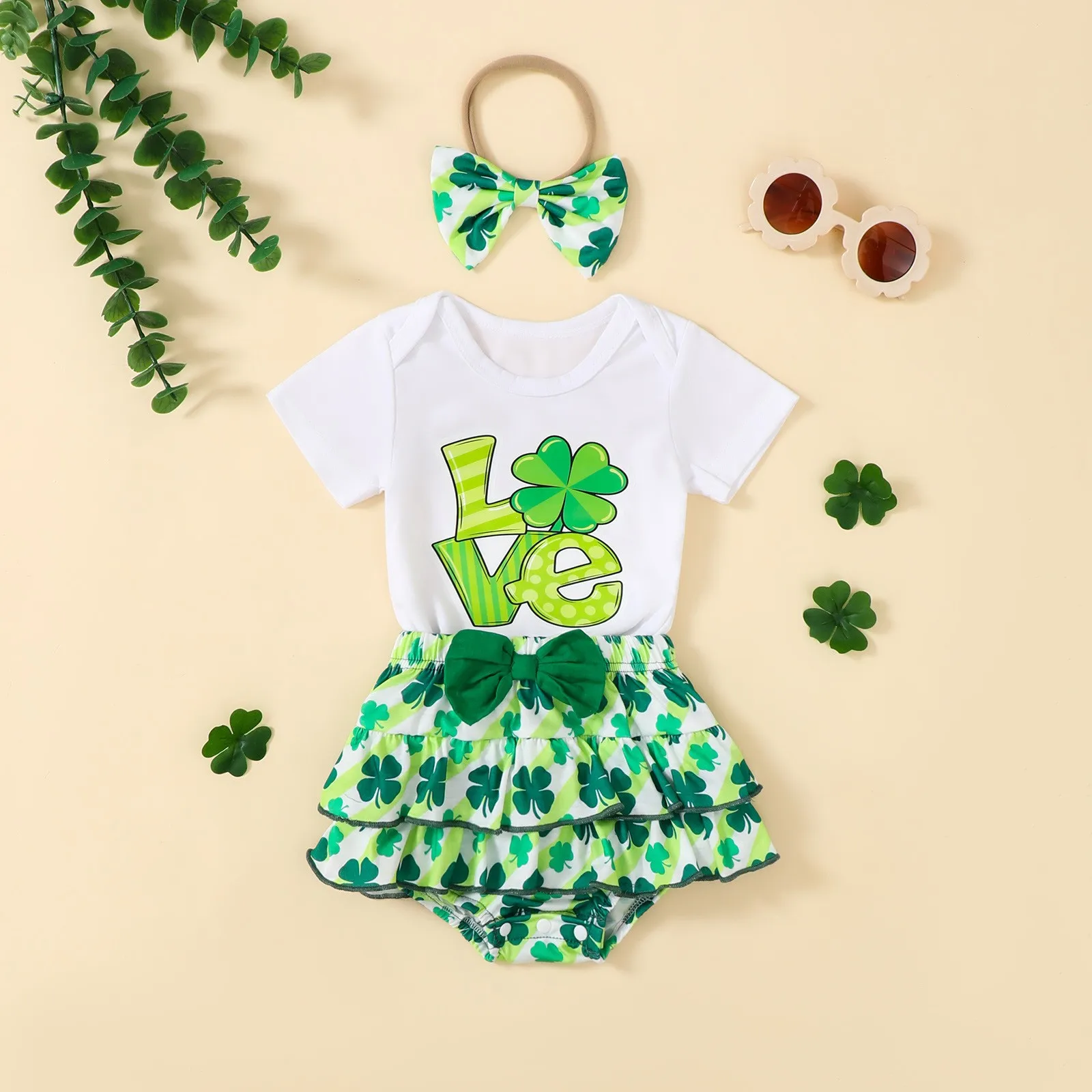 

Комплекты детской одежды для маленьких мальчиков и девочек, новые летние наряды с короткими рукавами на день Святого Патрика, комбинезоны, боди, шорты с оборками, наряды