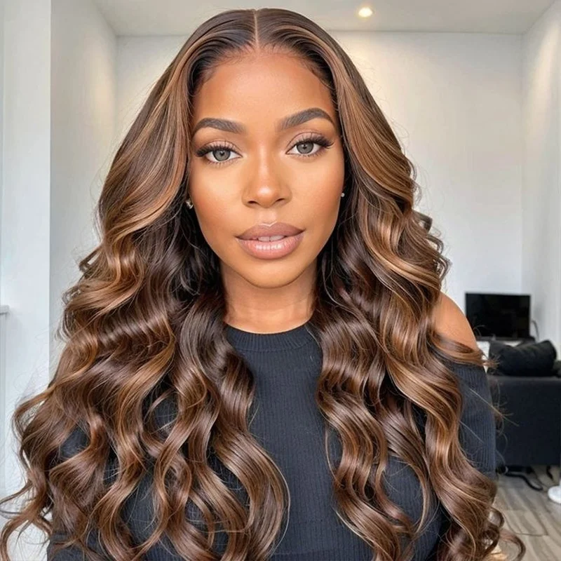 4/27 Brown Highlight Blonde Lace Front 100%  Hair Wigs Pre Plucked Wigs