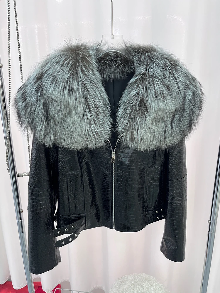 

2024 New Natural Fox Fur Collar Coat Women's Genuine Sheepskin Leather Jacket Luxury Winter Coat Outerwear Female Coat