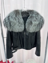 2024 New Natural Fox Fur Collar Coat Women's Genuine Sheepskin Leather Jacket Luxury Winter Coat Outerwear Female Coat