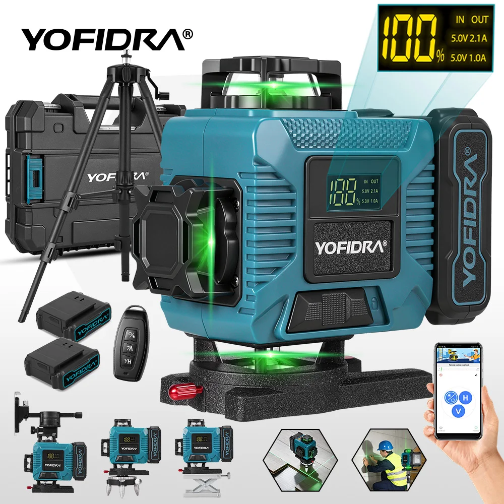 YOFIDRA 16 Linien 4D Laser-Nivelliergerät APP-Fernbedienung Wiederaufladbar Selbstnivellierend 360° Grüne Linie Nivellierung Große Li-Ionen-Batterie