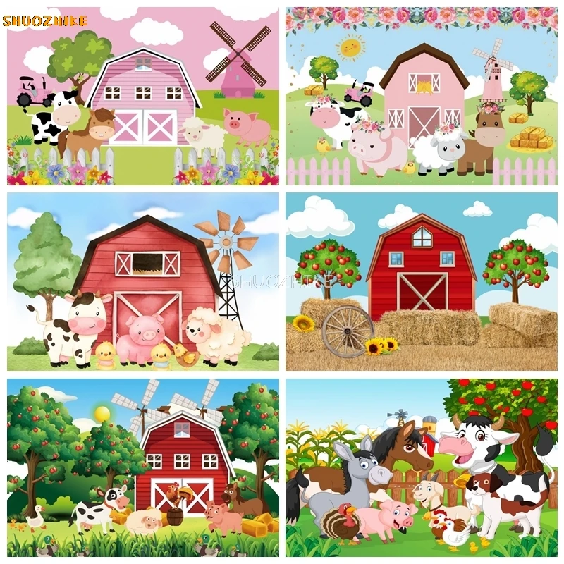 

Cartoon Farm Birthday Background Pink Barn Cute Animals Scarecrow Newborn Kids Portriat Photography Backdrop Photo Studio Props