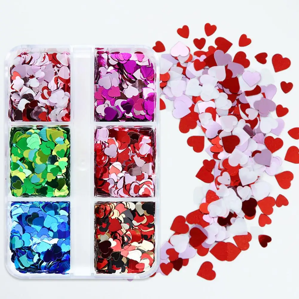 1 Box Nail Art Sequins Shining Sparkling DIY Visual Effect 6 Grids Valentines Day Heart Shaped Nail Glitter Nail Accessories