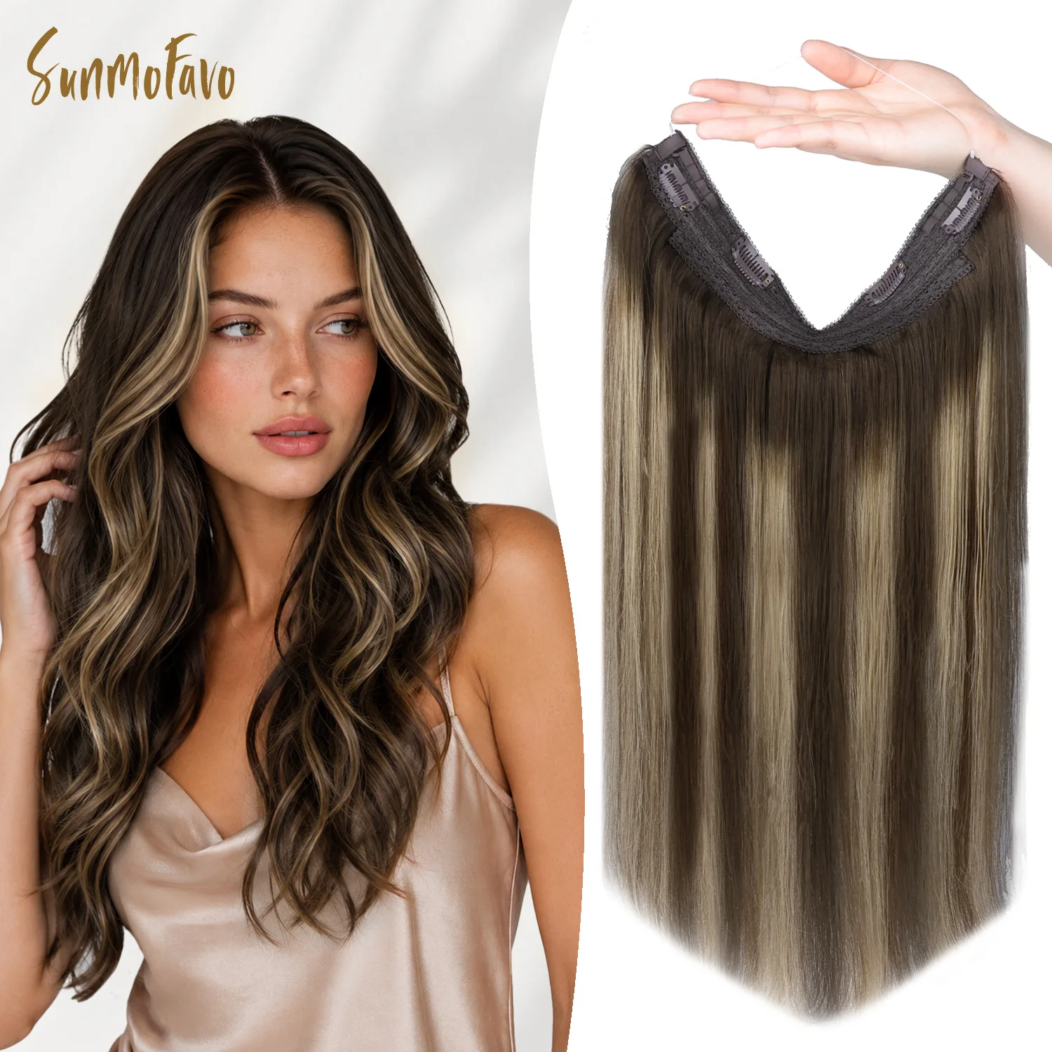 Sunmofavo Wire In Real Human Hair Extensions, Fish Line Hair Strands, #4-26-4 Chocolate Golden Brown Ombre, Soft Straight Dyeable Heat Stylable Hair, Easy Install for Beginners to Boost Hair Volume