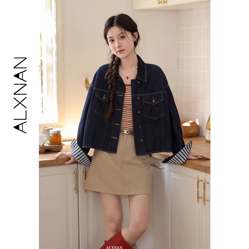 

ALXNAN Vintage Blue Denim Jacket Women Short Collared Striped Patchwork Cuff Denim Coats Casual Elegant Outerwear Female L61705
