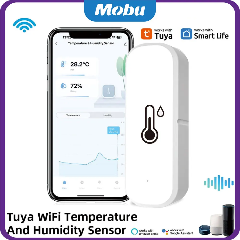 mobu WiFi Tuya Temperature and Humidity Sensor Indoor Humidity Sensor Battery Powered APP Monitoring For Alexa Google Home Voice