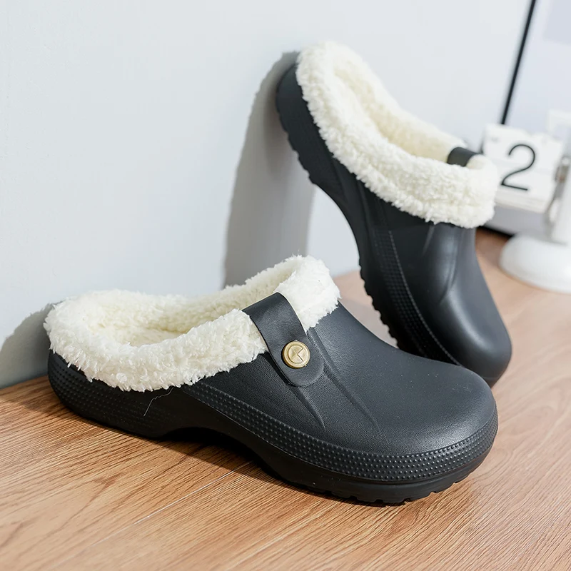 Winter Men Women Slippers Waterproof Platform Warm Furry Wrapped Slippers Fluffy Indoor Home Cotton Shoes Fur Slides Plush Clogs