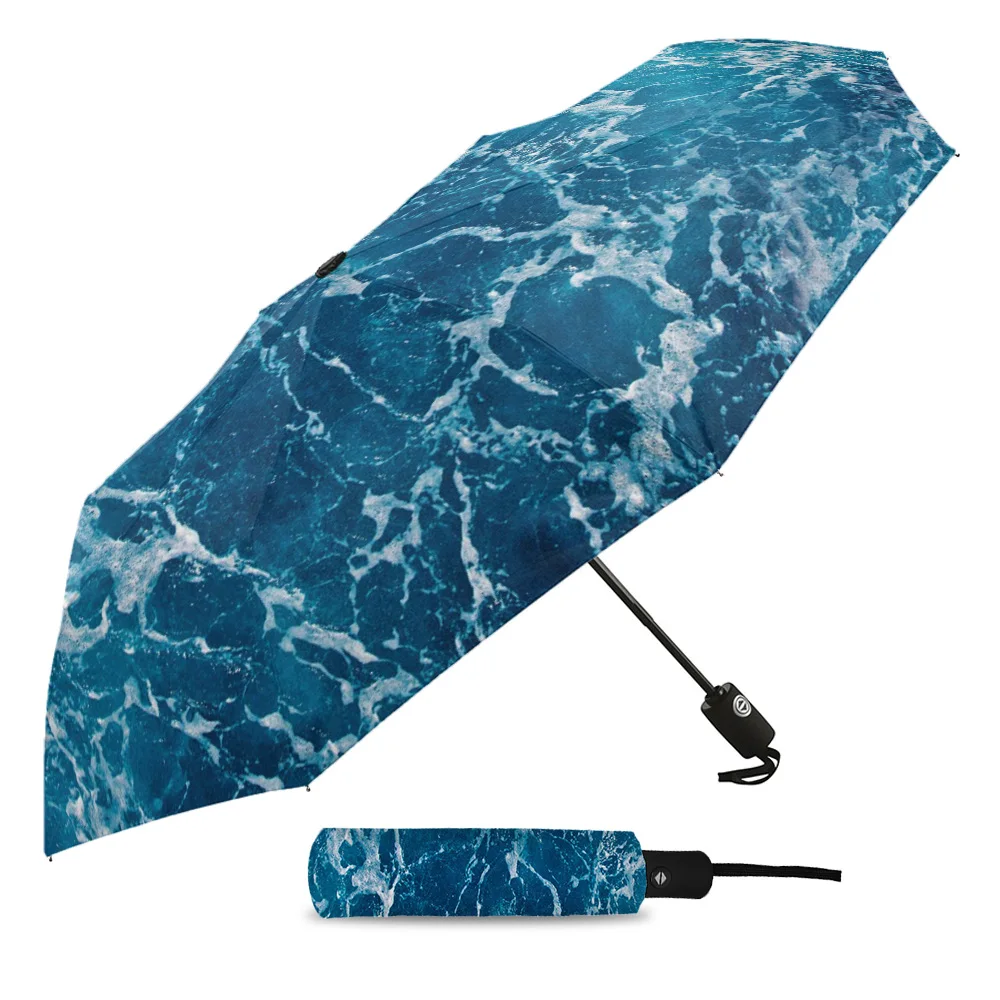 Blue Water Wave Texture Print Women Men Rain Umbrella Three Folding Girl Durable Portable Automatic Umbrellas Gift Parasol