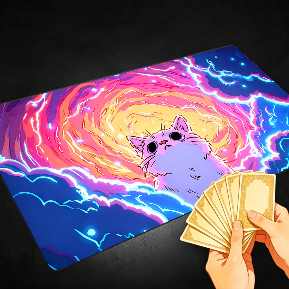 Colorful Storm Cat TCG Playmat Magic Playmat Gathering Gaming Mat with Stitched Edge Anti-slip base 60X35cm Trading Card Game