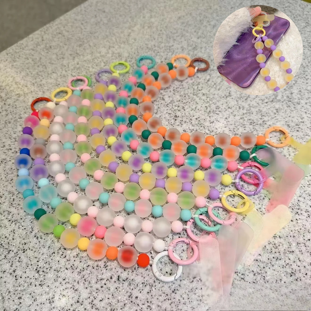 Rainbow Frosted Jelly Bead Phone Lanyard Double Clasp Anti-lost Wrist Strap Keychain Cute Handbag Pendant Mobile Chain For Women