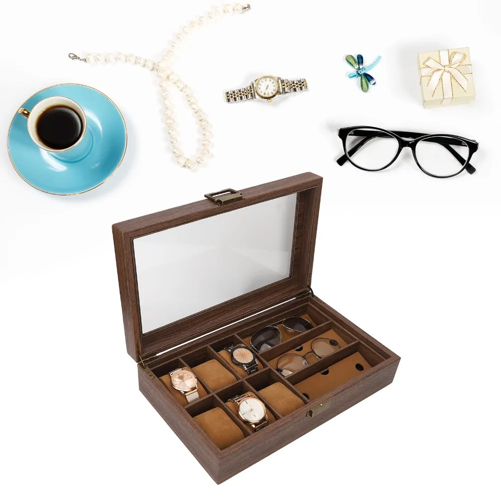 Wood Grain Watch Storage Box Transparent Glass Lid Multi Slot Jewelry Organizer Box Soft Inner Lining Metal Latch