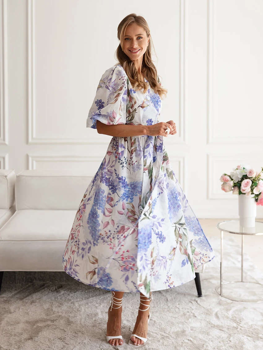 

Marthaqiqi Printing Female Sleepwear Half Sleeve Nightgown Lace Up Pajama Sexy V-Neck Nightwear Ankle-Length Dress Women Nightie