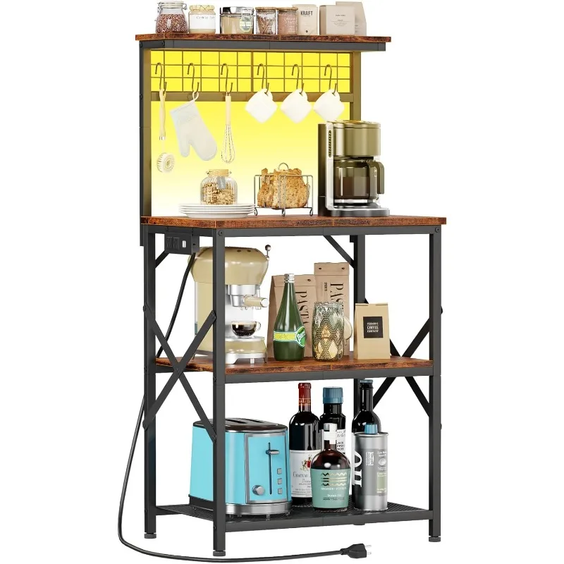 

Bakers Rack with Power Outlet and LED Light, Small Microwave Stand with 4 Tier Shelves, Coffee Bar Station Table with 6 S Hooks