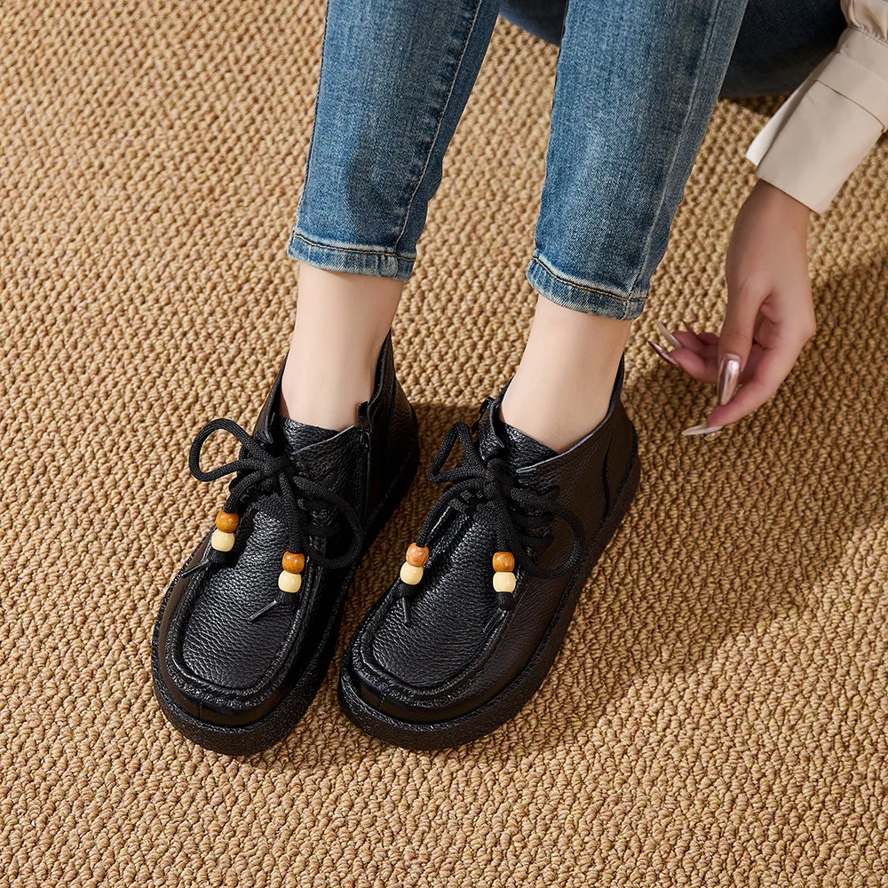 Neue Echtleder-Schnürstiefeletten für Damen, Klassische Perlen-Bootsschuhe, Damen-Reißverschluss-Stiefeletten, Weiche Casual-Booties, Bequeme Urlaubsstiefel – Detail 10