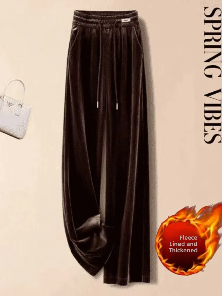 Gold Velvet Wide Leg Pants Women's New Fashion Winter Loose Slim High Waist Fleece Casual Straight Long Pants Ladies