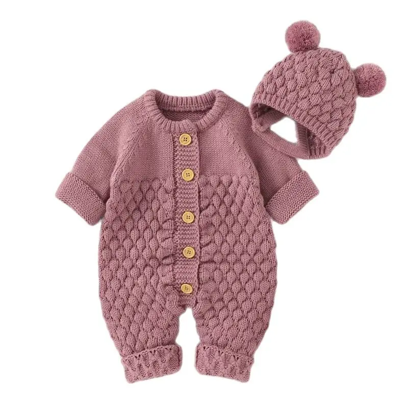 Girl Boy Knitted Jumpsuits Outfits Autumn Winter Long Sleeve Baby Rompers Caps Clothes Sets Newborn Toddler Infant Overalls 2pcs