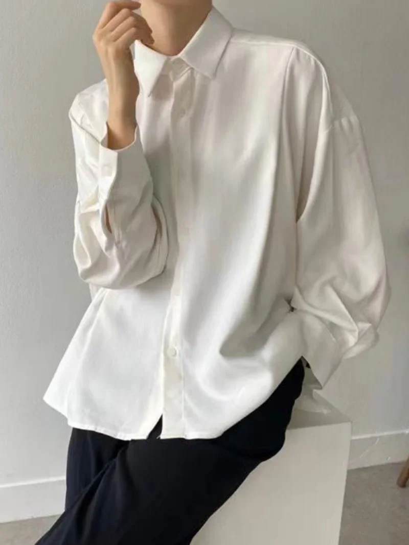 Gymystars Spring Summer Loose High-low Black White Shirts Tops Korean Fashion Button Long Sleeves Lapel Collar Blouses