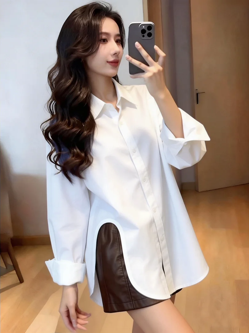 Stunning White Long Sleeve Loose Fit Collared Shirt Beautiful Slimming Top Commute Style Fashionable Versatile Open Cardigan