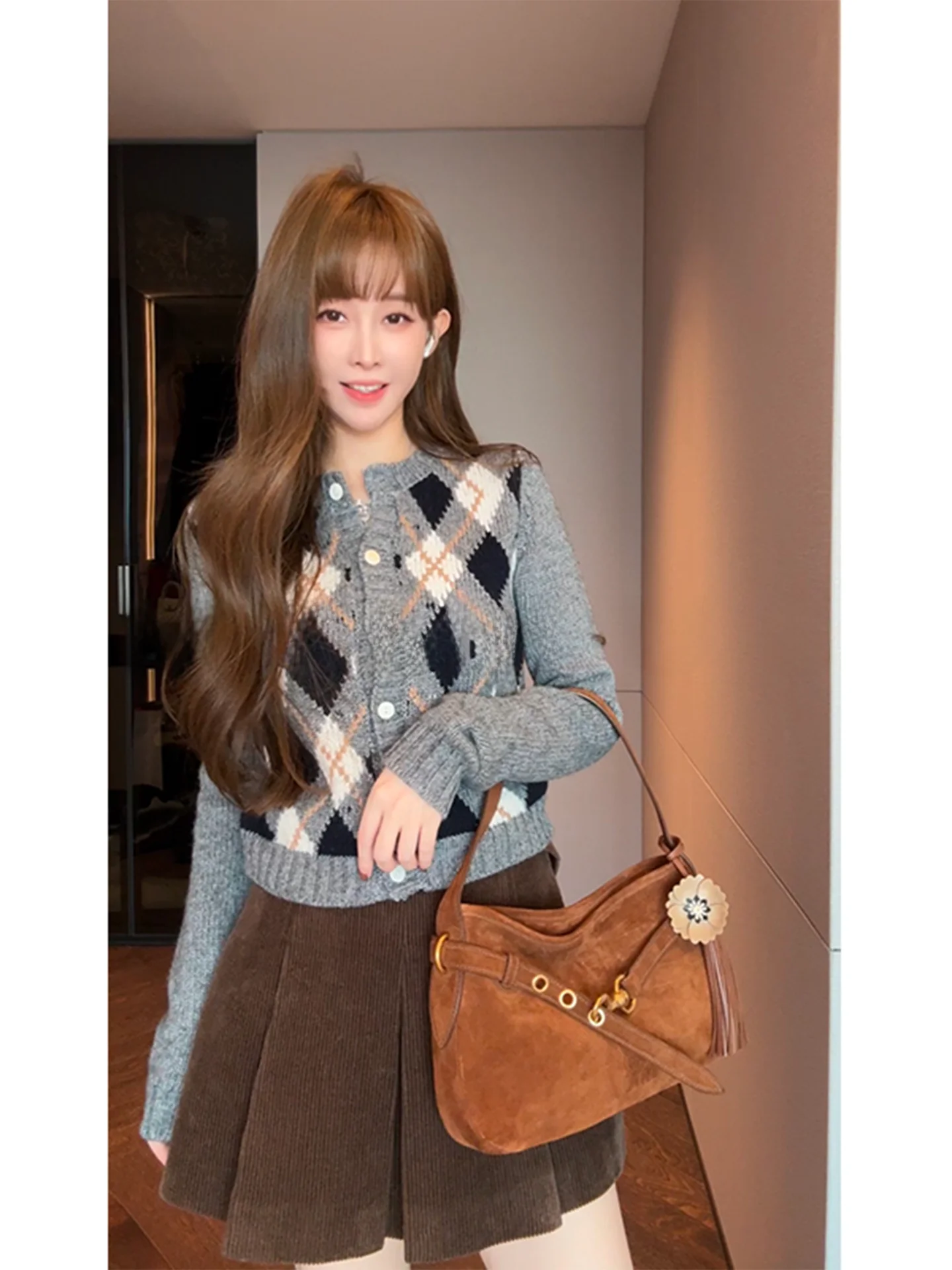 

Yulu Long Sve round Ne Knitted Sweater Women's Vintage Color Blo Diamond Pattern Briti College Sle Top