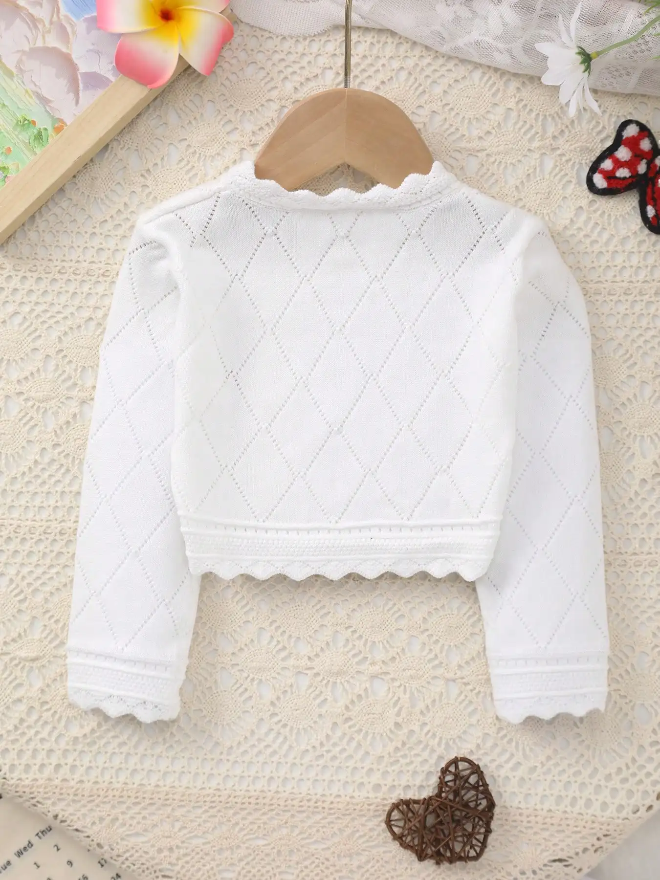 Baby Girl's Versatile Spring and Summer Knitted Cardigan Shawl with Rhombus Pattern and Lace Trim