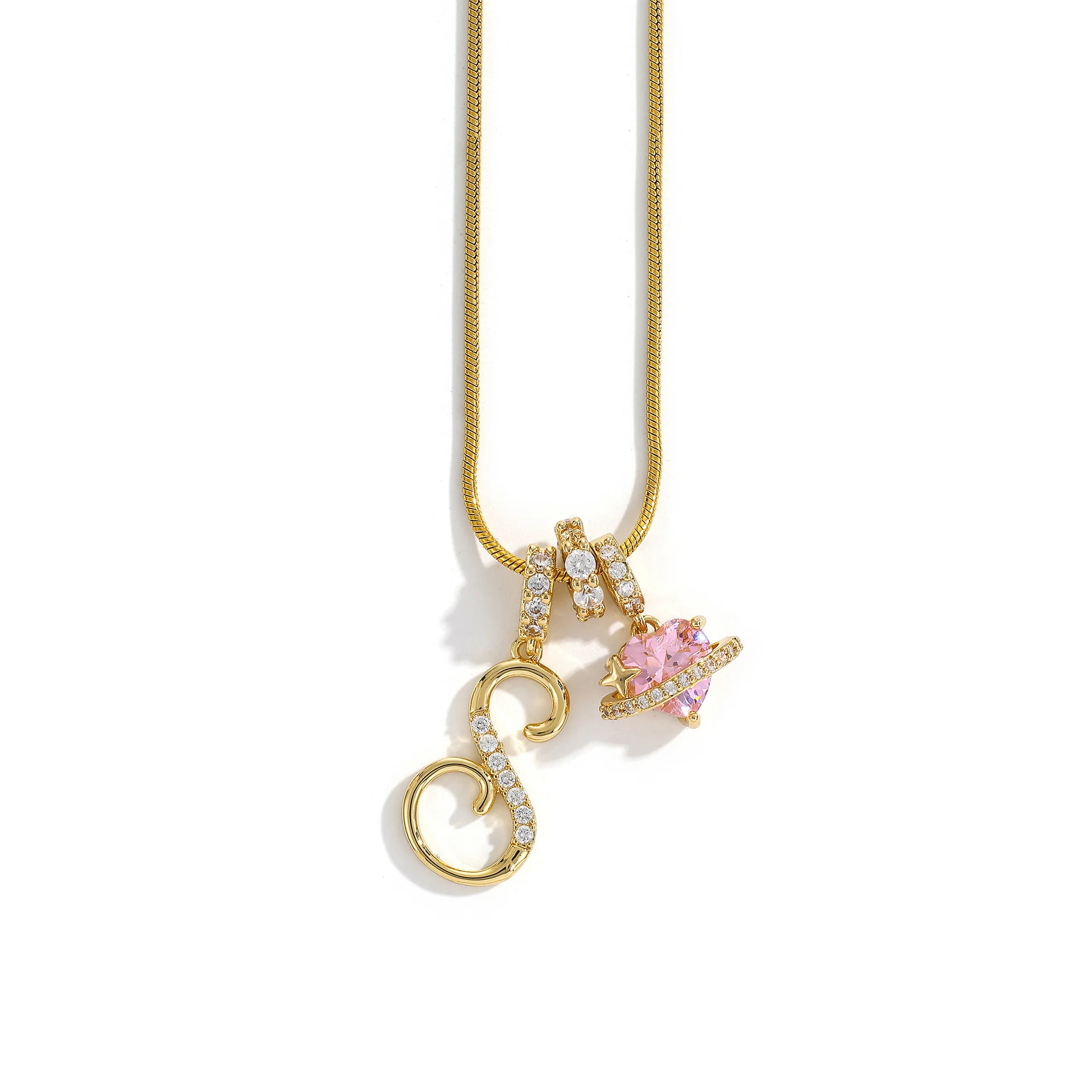 Women's A-Z Initial Letter Pendant Necklace Snake Chain Initial Alphabet CZ Pink Heart Necklace Adjustable Size Hypoallergenic