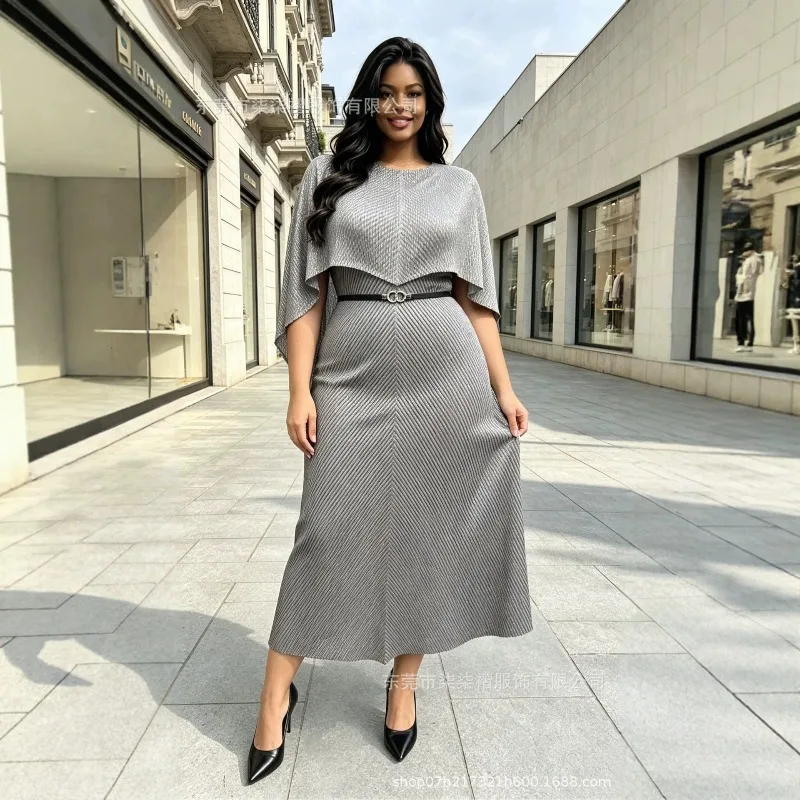 Pleated New Gold-Embossed Plus Size Dresses Plisse 2026 Autumn Batwing Sleeve Fold V-Neck Elegant Loose Pleats Women's Dress