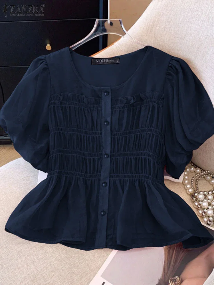 ZANZEA Women Shirts Pleated Summer Tops Vintage Short Sleeve Chiffon Blusas Solid Color Tunics 2025 Casual O Neck Pullover S-3XL