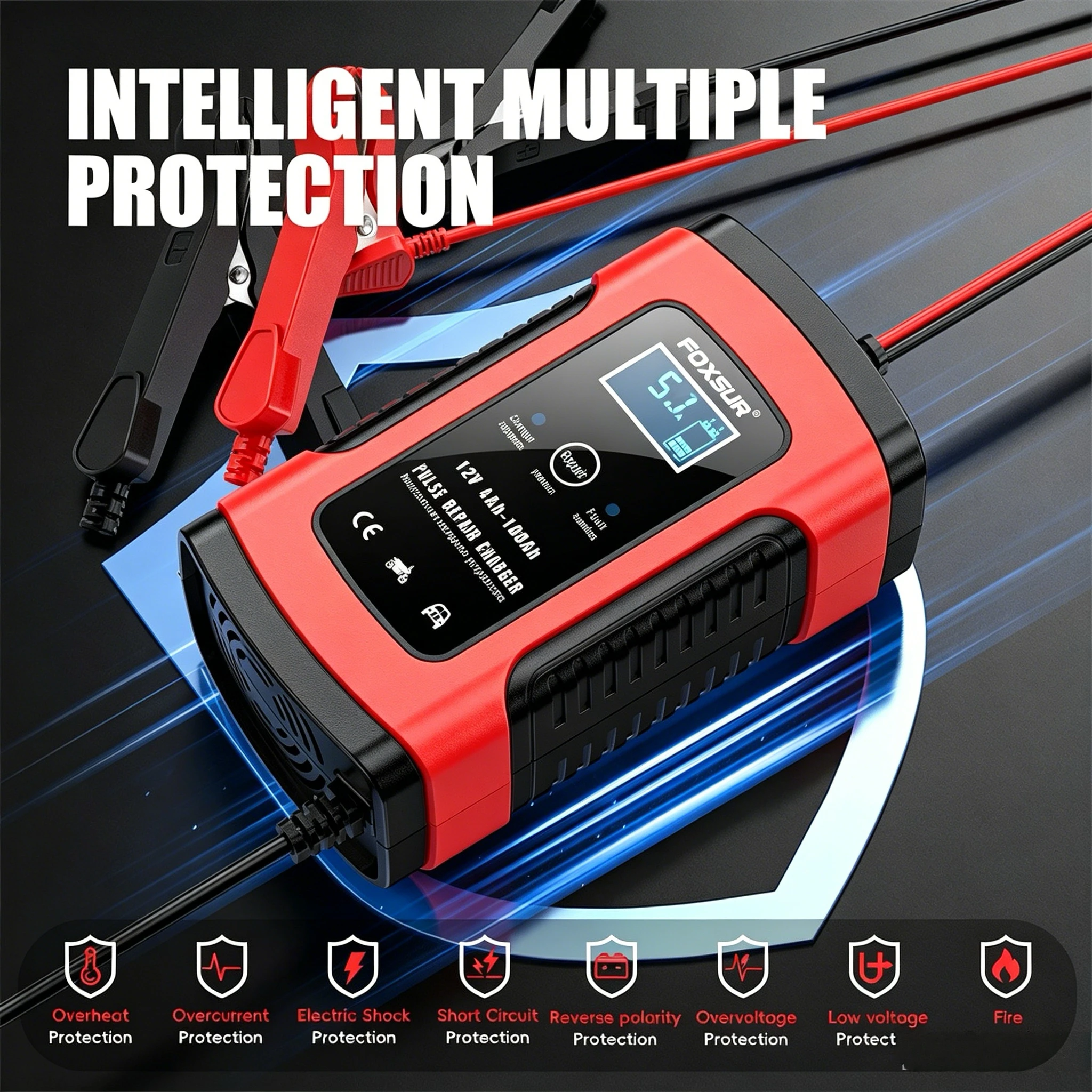 FOXSUR 12V 5A Full Automatic Pulse Repair Car Battery Charger Smart Fast Charging for AGM GEL EFB Lead Acid LCD Display Moto