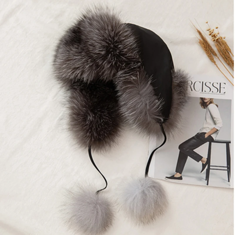 Lady Real Russia Hot Winter Fashion Cappello in pelle di pelliccia di volpe di procione naturale caldo da donna