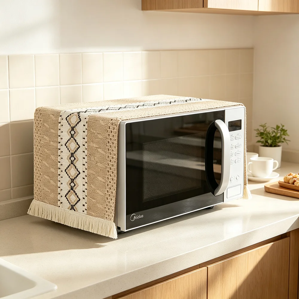 1pc Kitchen Microwave Cover Polyester Tassel Multifunctional Dust Shield Home Room Decor Microwave Top Mat Boho Cottage Style