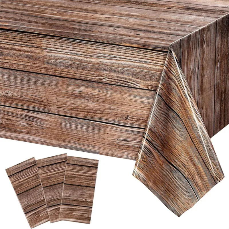 3pcs Brown Wood Grain Tablecloths Rustic Rectangle Plastic Table Covers Farmhouse Table Cloth Decor For Birthday Wedding Party