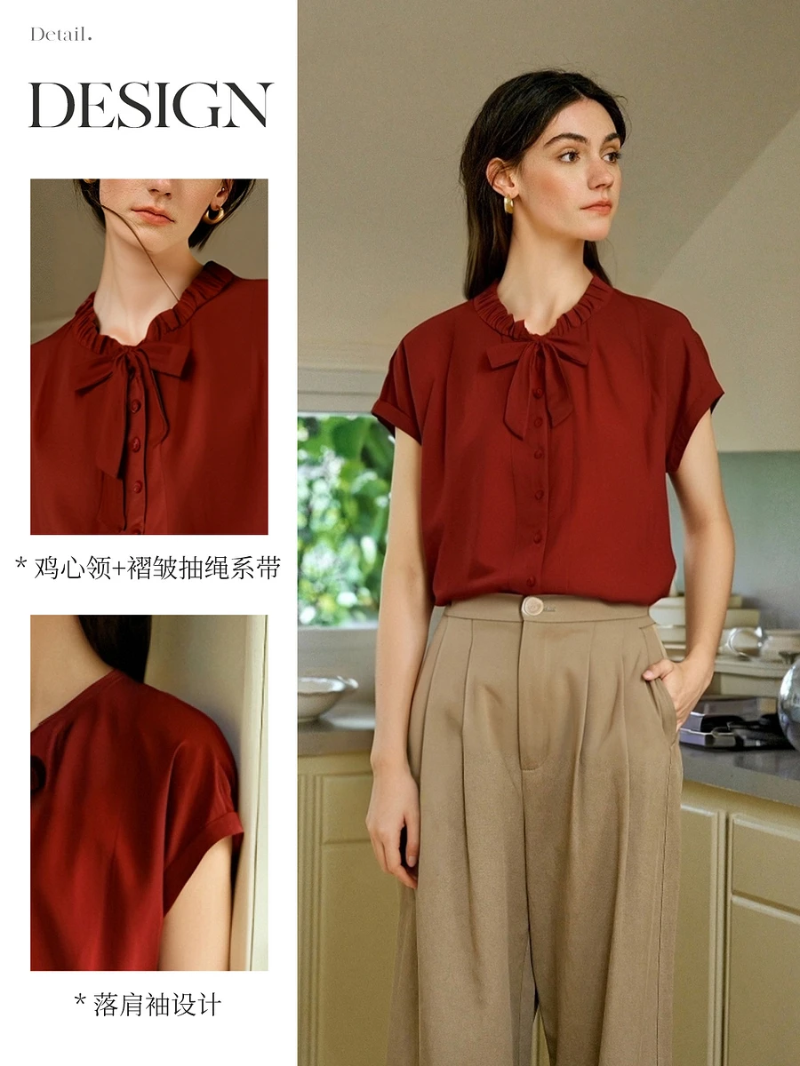 OLrain Women's Summer Shirt Elegant Vintage Red Pleated Tied Neck Short Sleeve Shirts & Blouse 2025 Ladies Tops O57XC98238