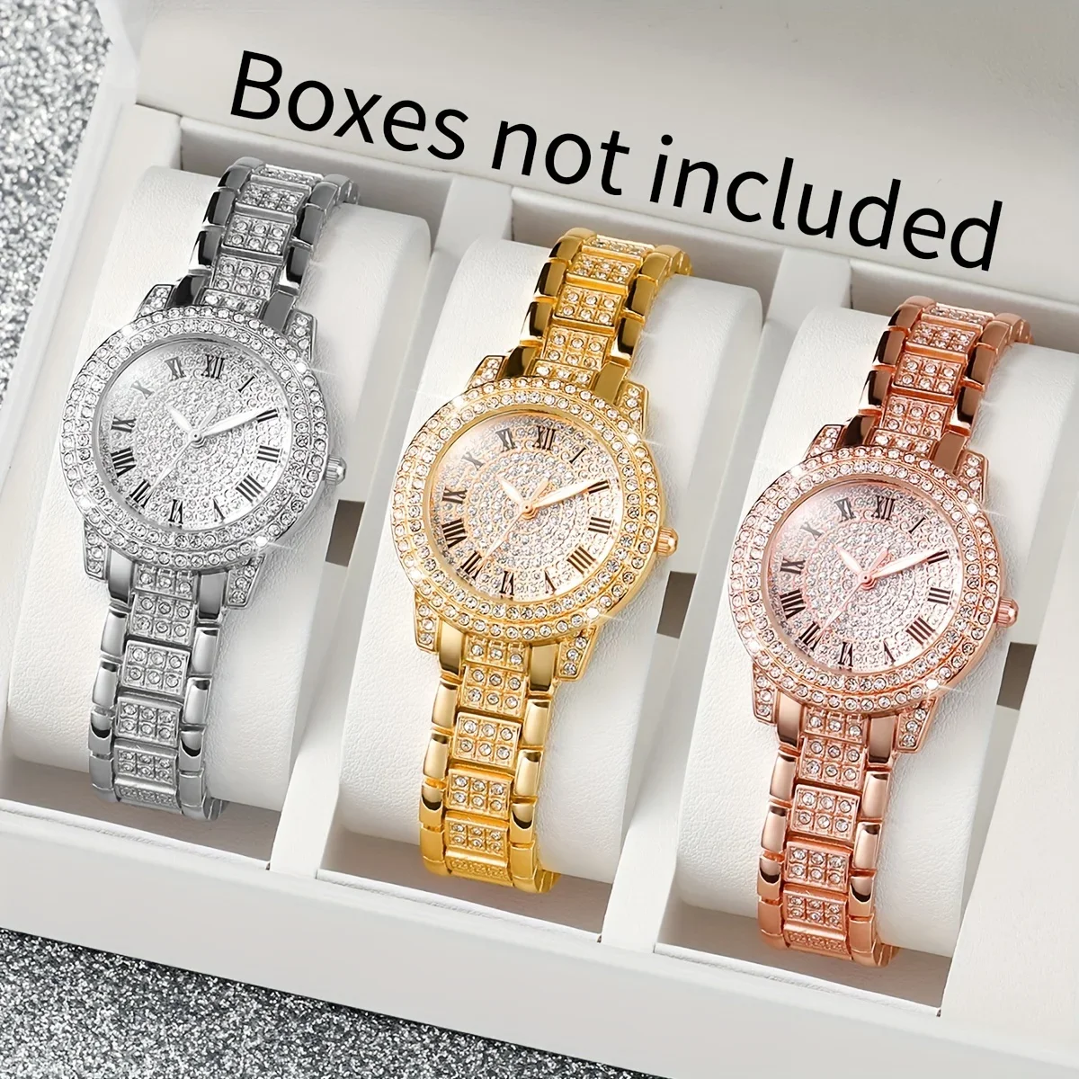 Ladies' Fashionable Diamond-Encrusted Roman Numeral Wristwatches Set of 3, No Box Included