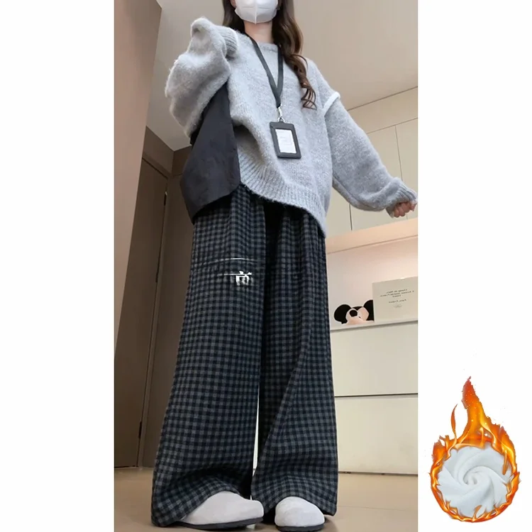 กางเกงขายาวลายสก็อตผ้าวูลสไตล์เกาหลีย้อนยุคสำหรับผู้หญิง ฤดูใบไม้ร่วง ฤดูหนาว ผ้าหนา อุ่น ทรงขากว้าง เอวสูง ยางยืด สวมใส่สบาย