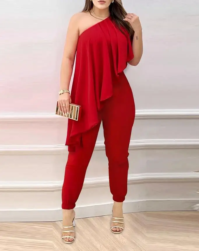 Women's Party Jumpsuit 2024 Spring Summer Latest Sexy One Shoulder Asymmetrical Ruffles Romper Wedding Guest Sleeveless Bodysuit