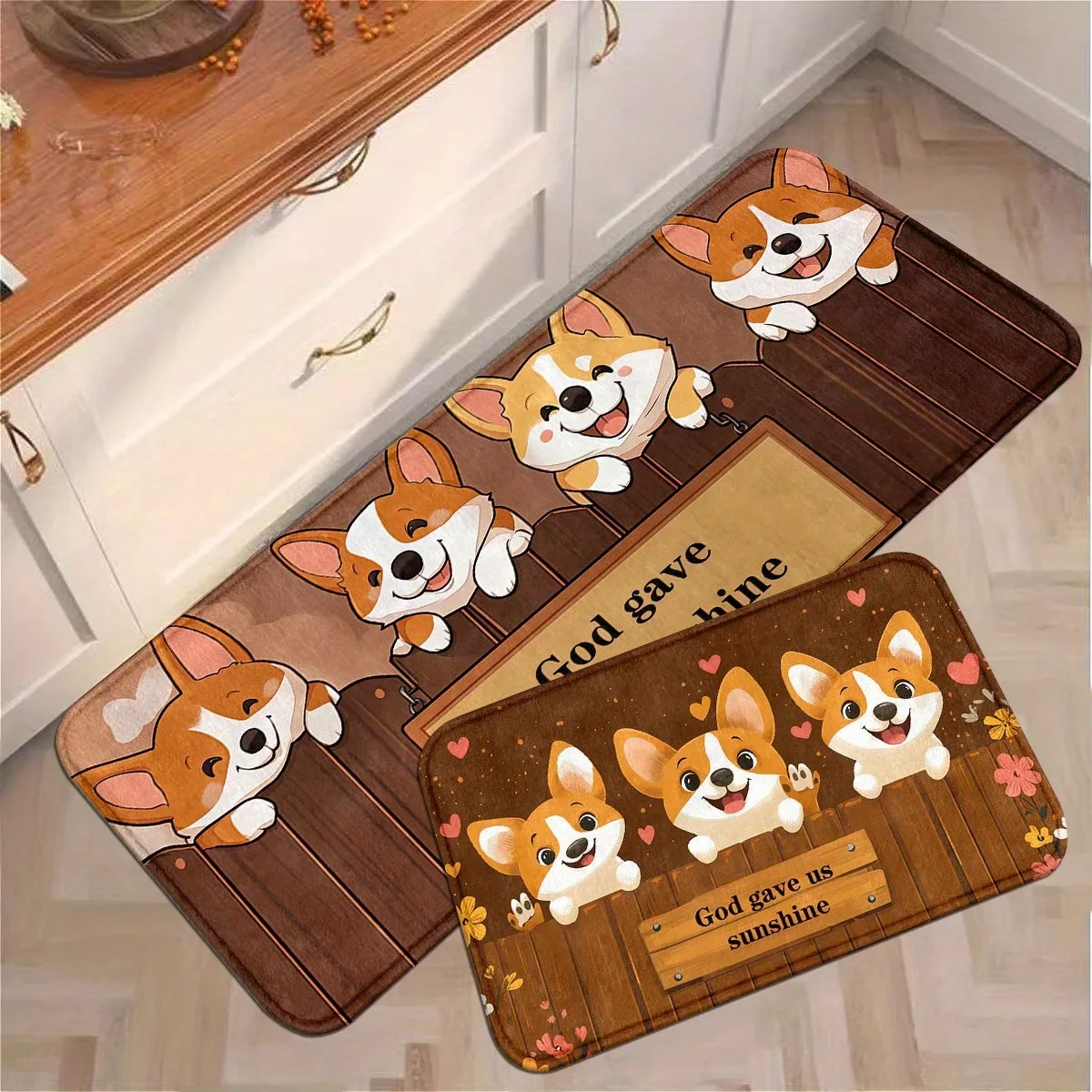 Alfombrillas de cocina con diseño de corazón de Corgi de dibujos animados, valla de madera, Dios nos dio el sol, alfombrillas de entrada para interiores y exteriores, alfombrillas de baño