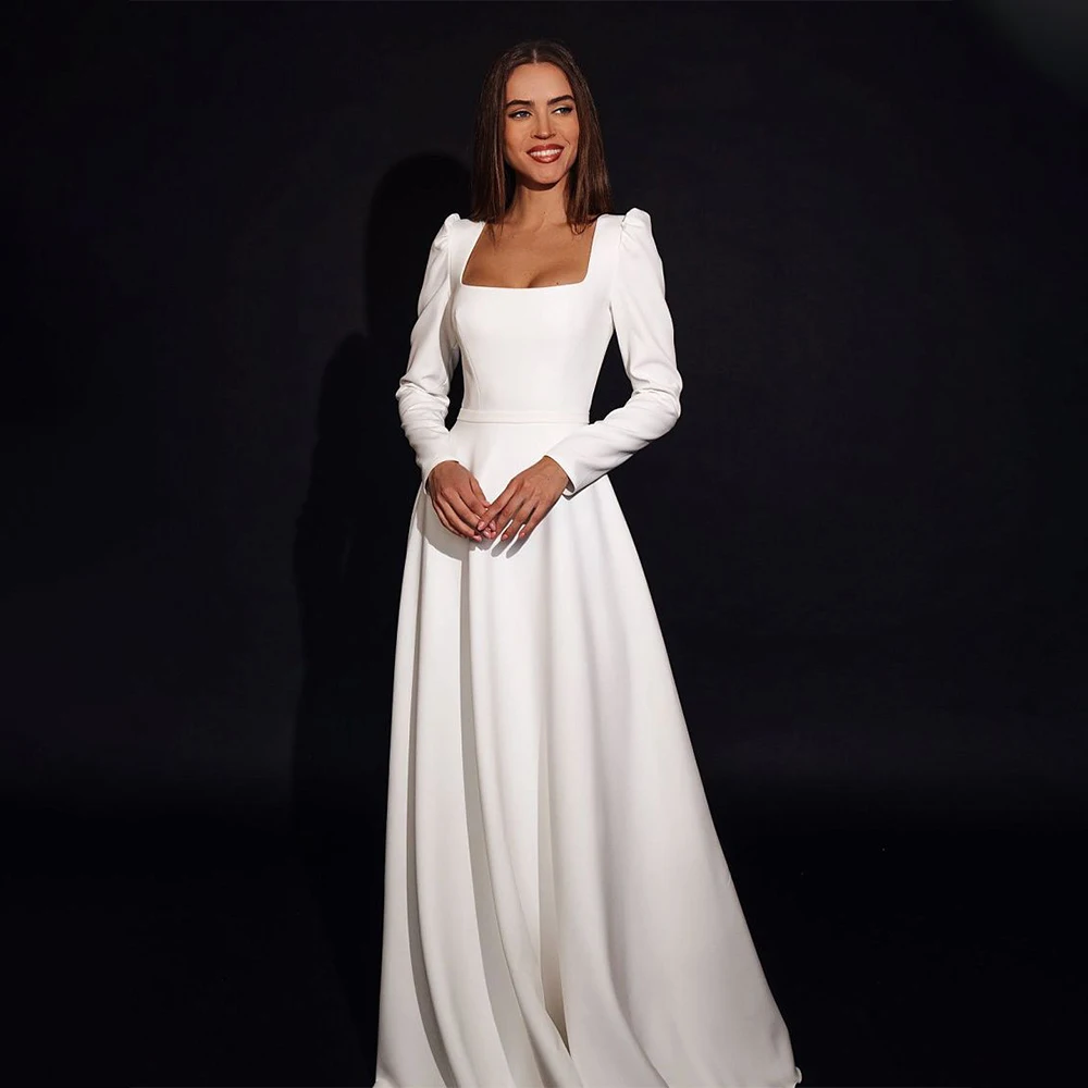 

Elegant A Line Wedding Dress Square Coallar Long Puff Sleeve Floor Length Satin Bridal Gown Simple Robe De Mariee Custom Made