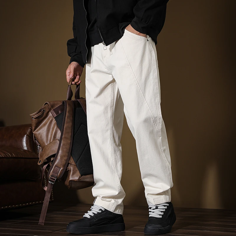 

Мужские брюки в американском ретро-стиле, цвета «слоновая кость», драпированные, весна-лето, уличная мода, большие размеры, 40, трендовые, прямые, повседневные, рабочие брюки