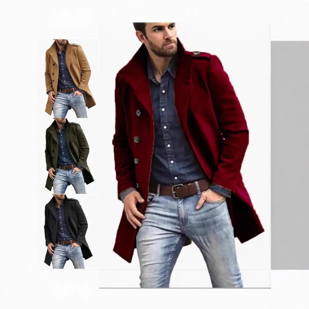 

Men's Mid-Length Woolen Coat Pure Color Stand Collar Button-Up Jacket Autumn Winter Fashionable Slim Fit Casual Outerwear