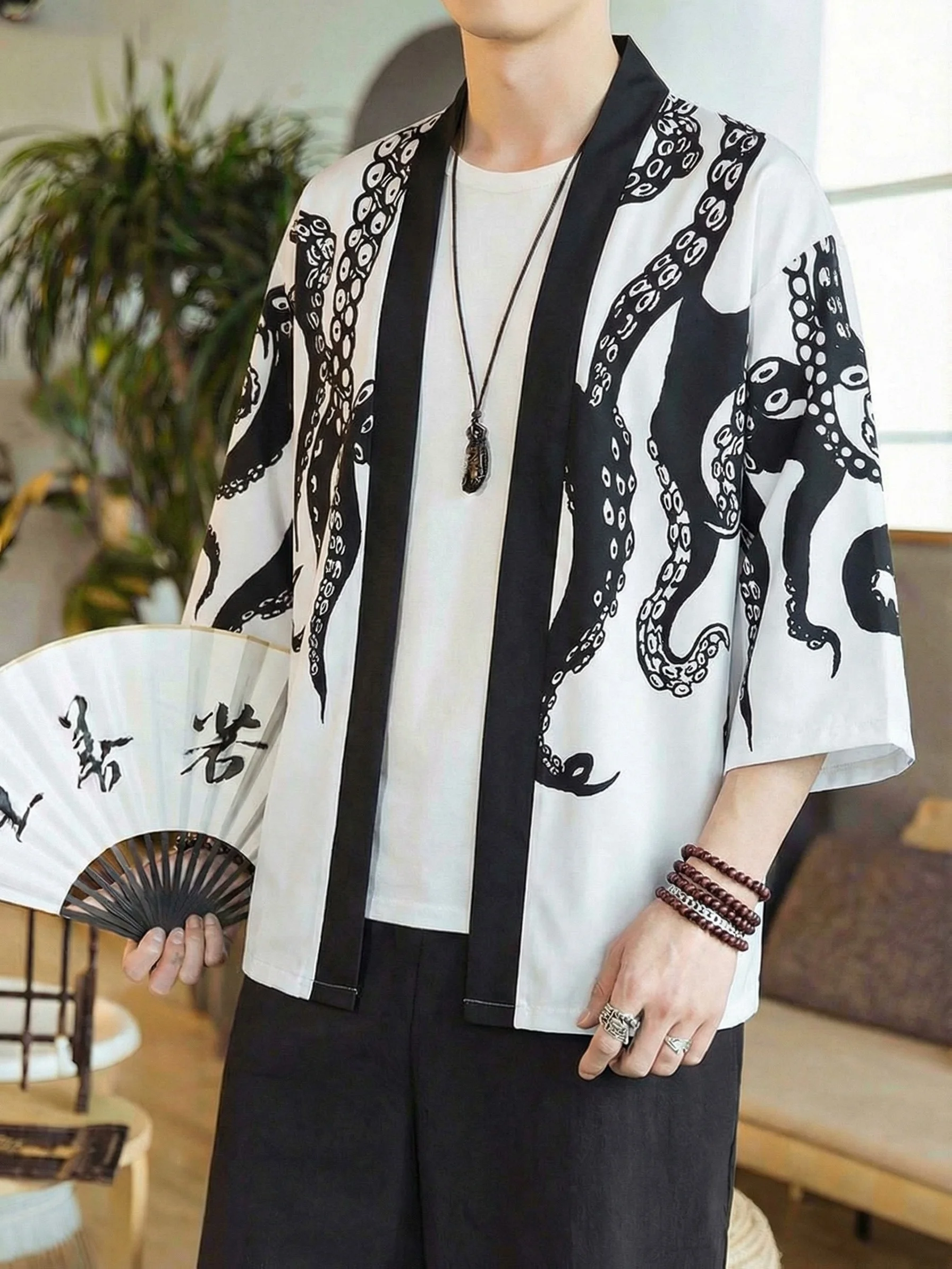 

2026 Summer New Men's Kimono with 3D Octopus Tentacle Print - Casual Fashionable Street Style - Comfortable Lightweight Soft