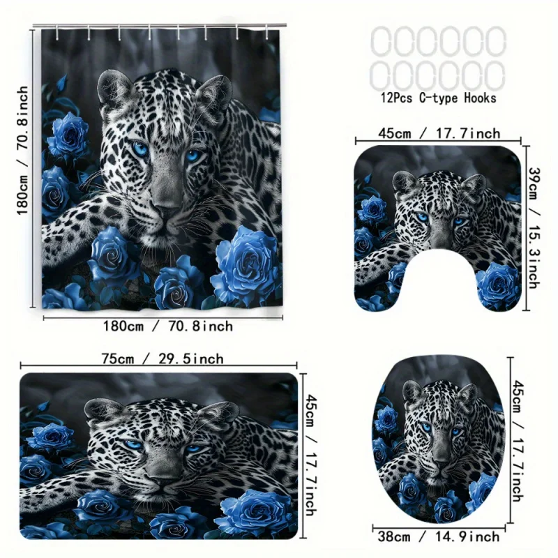 Blue Rose 3D Print Waterproof Shower Curtain Set with Hooks - Includes Bath Mat & U-Shaped Rug, Machine Washable, Romantic Carto