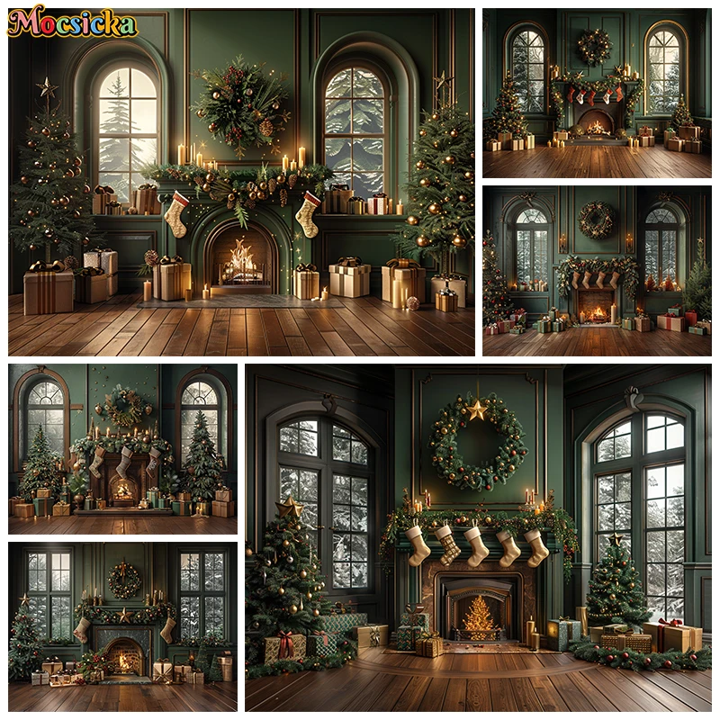 Christmas Fireplace Background Photography Christmas Tree Gift Socks Green Wall Baby Photo Backdrops Room Decorations Photobooth