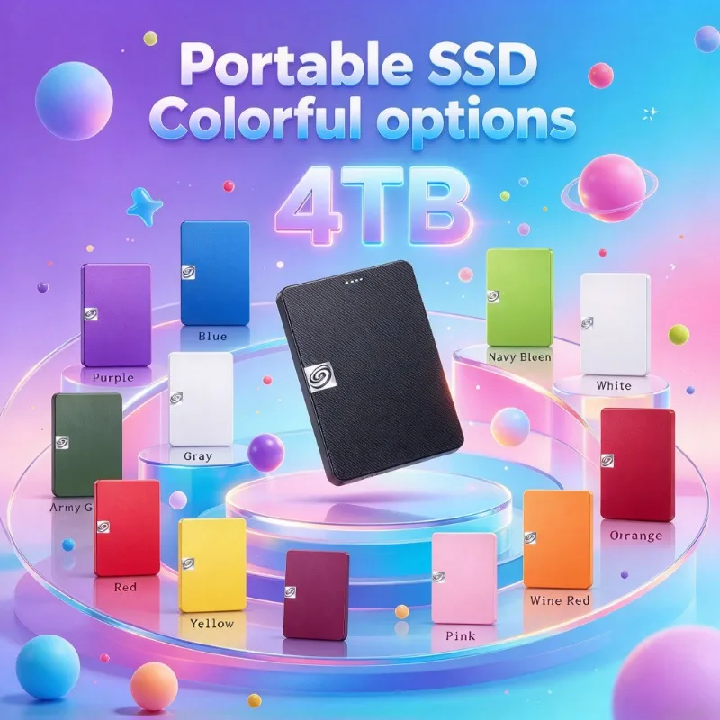 SSD externo portátil de alta velocidade com capacidade de 4 TB, disponível em várias cores, para uso em laptops, computadores de mesa e como armazenamento externo para telemóveis.