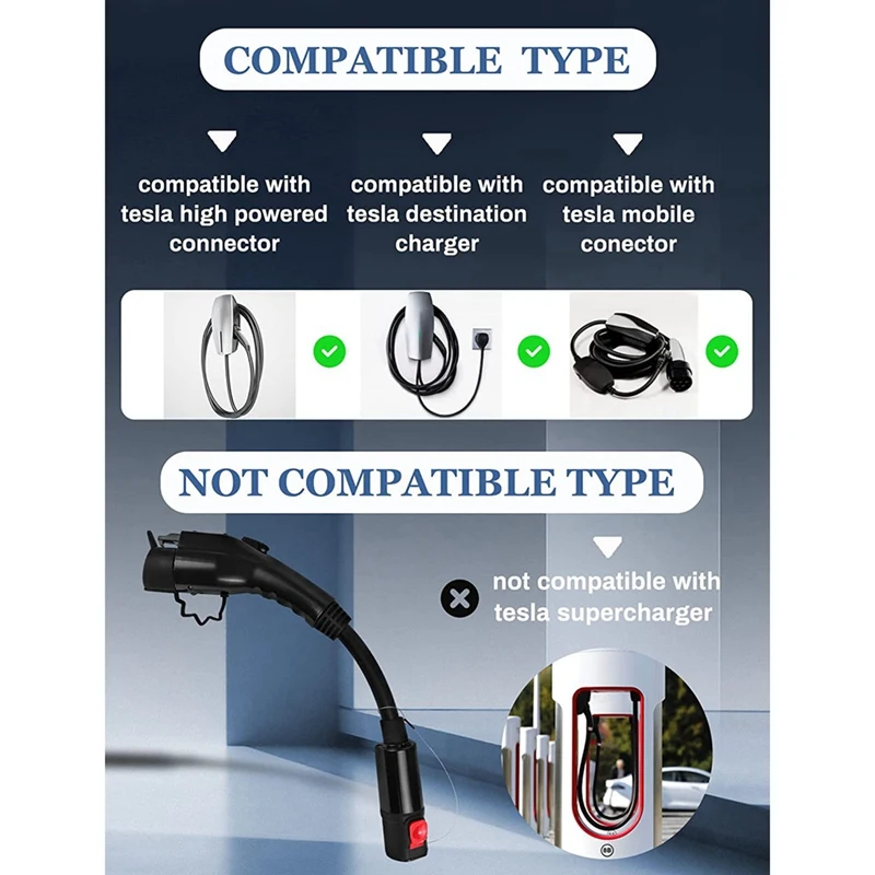 J1772 EV Adapter, 60 Amp 250V AC, For Tesla High Powered Connector, Destination Charger, And Mobile Connector