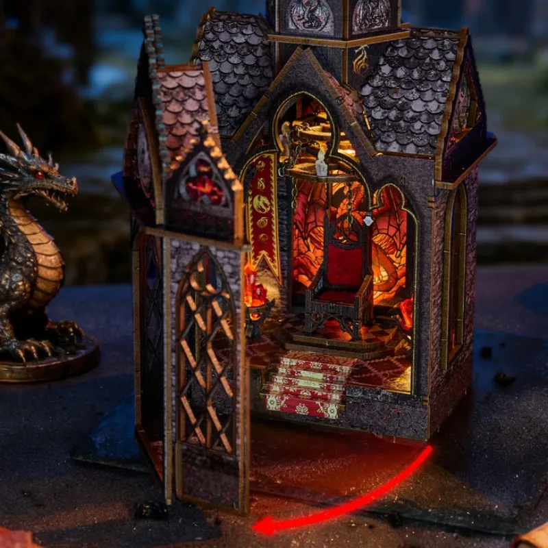 OUZEY ゴシック建築ブックヌック、ドラゴン尖塔DIY木製模型キット、LEDライト付き中世風本棚デコレーション